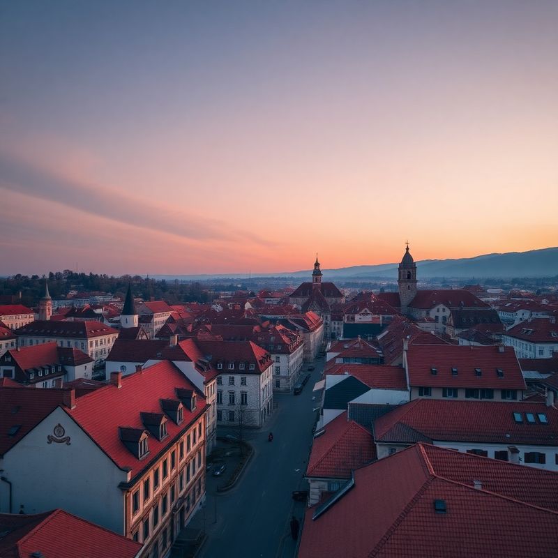 Vedere aeriană a Străzii Republicii din Brașov cu acoperișuri roșii și cer indigo