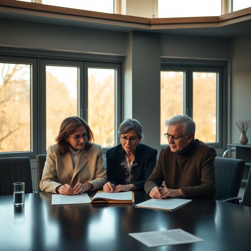 Două generații în discuție liniștită peste documente la o masă de consiliu indigo