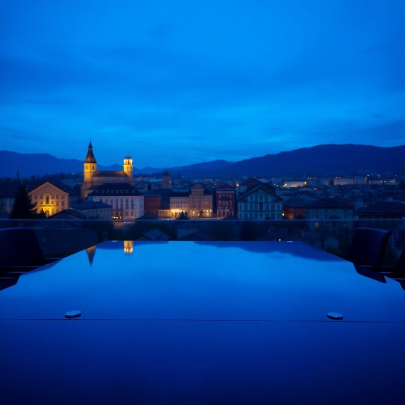 Peisaj urban din Brașov în amurg, cu accente indigo, atmosferă editorială