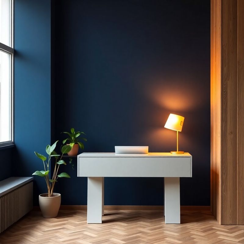 Recepție rafinată a biroului ConsultLogic din Brașov, cu perete indigo și lumină caldă